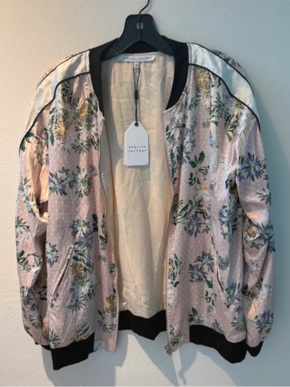 Pink Satin Floral Bomber Jacket from English Factory. Size L